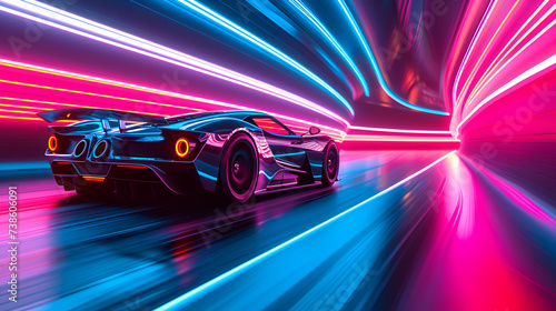 Futuristic Sports Car On Neon Highway. Powerful acceleration of a supercar on a night track with colorful lights and trails, generative ai © Chaman