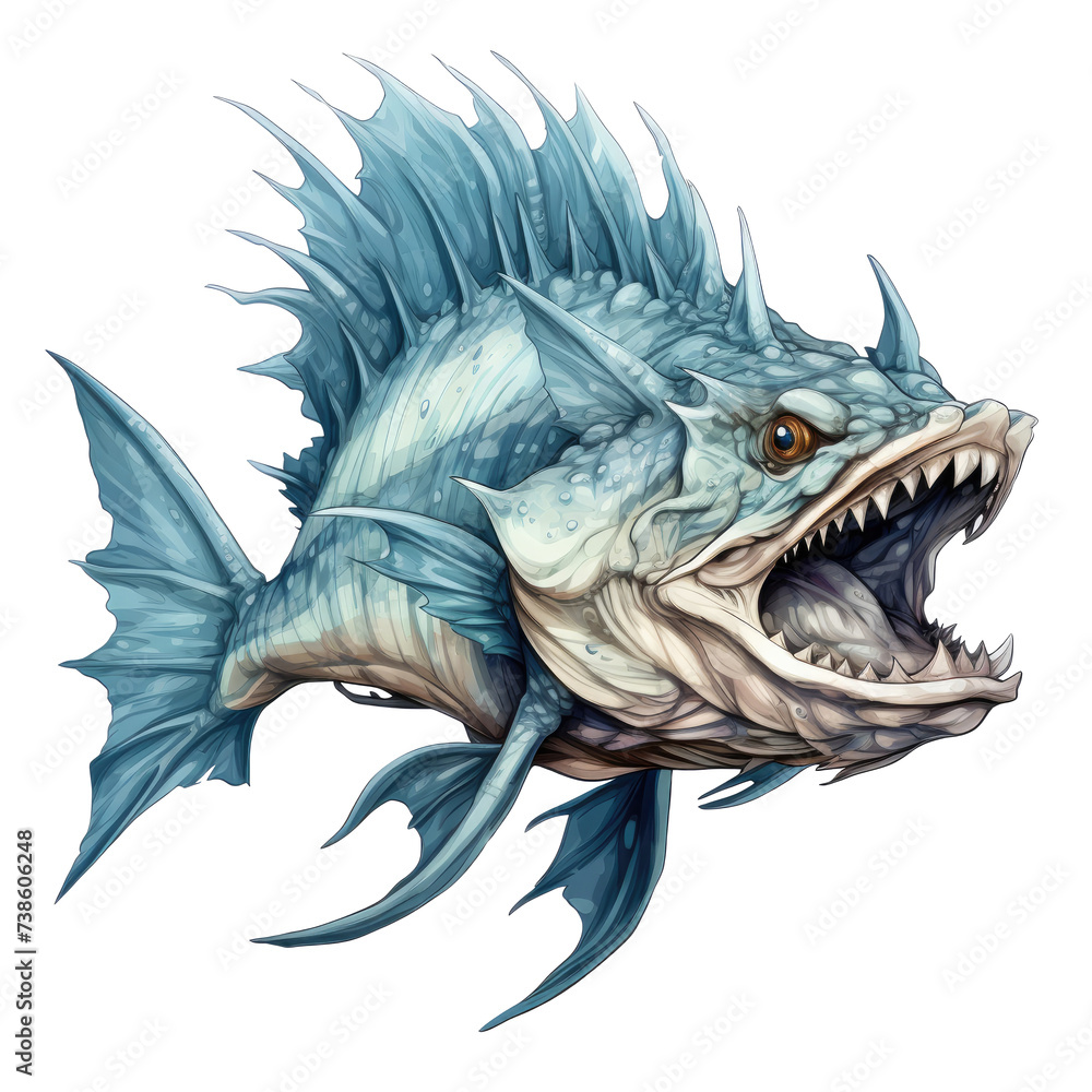 An illustration of a blue-colored monster fish with its mouth gaping - obrazy, fototapety, plakaty 
