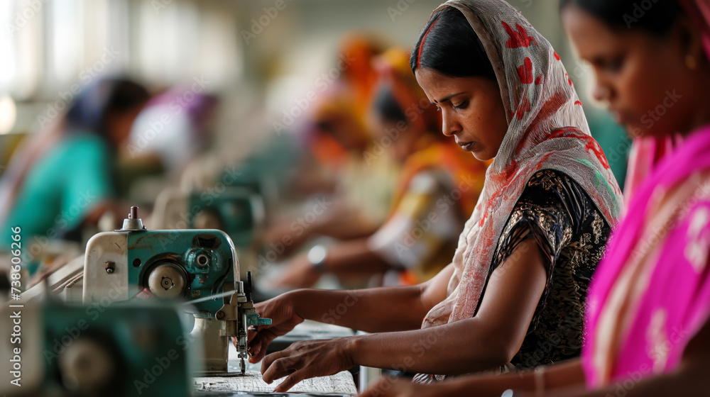 Indian women workers skillfully sew on production lines in a garment factory