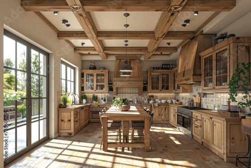 an open kitchen is shown varying wood grains, lively tableaus photo