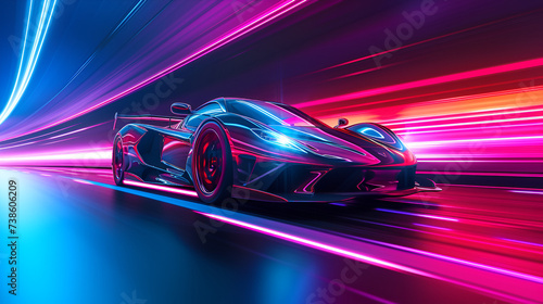 Futuristic Sports Car On Neon Highway. Powerful acceleration of a supercar on a night track with colorful lights and trails, generative ai