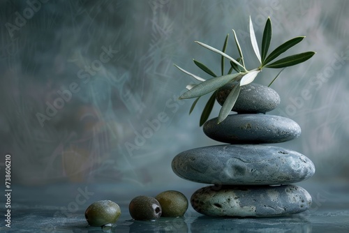 some stones and olive leaves with a cross