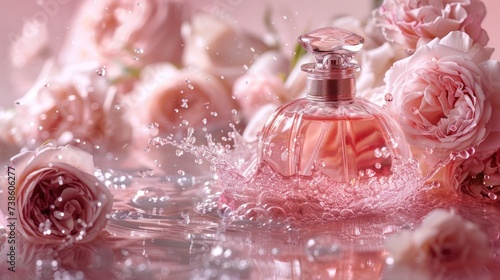 Perfume bottle made of glass set against a backdrop of rose water. Featuring ...
