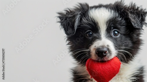 Valentine's Day Theme. Adorable Border Collie Puppy Holding a Red Heart in It...