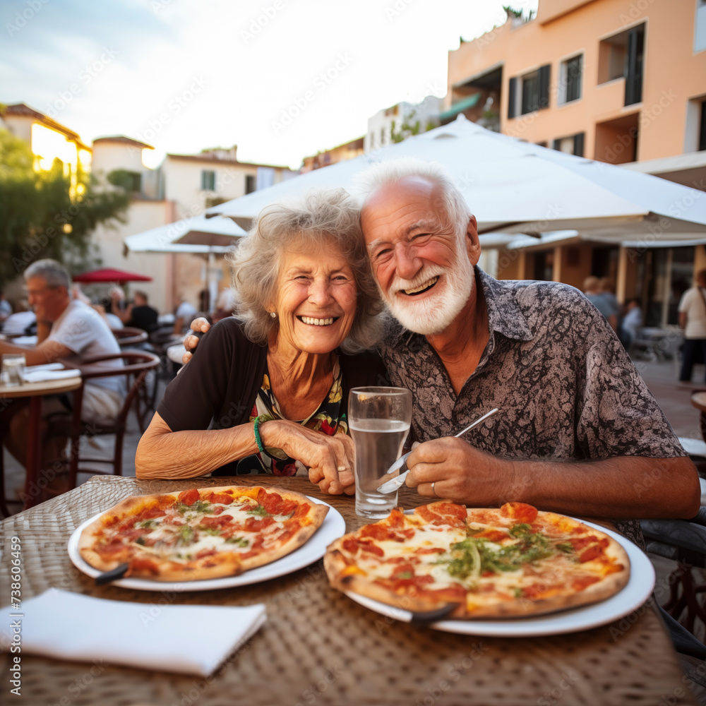 Happy senior old couple have fun eating a pizza together outdoor in traditional italian pizzeria restaurant sitting and talking and laughing. People enjoying food and elderly lifestyle. Retirement
