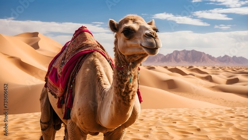 Impeccable photo quality, 8K, desert oasis backdrop, close-up of a majestic camel standing regally amidst golden sand dunes, its dignified posture captured in exquisite detail. generative AI