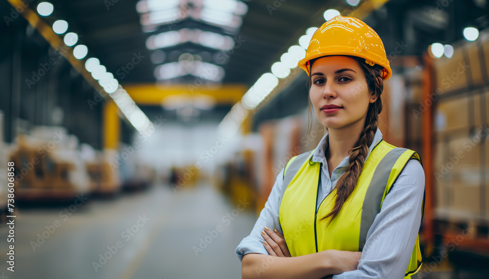 Confident Indian woman supervisor in a safety suit at a bustling factory Confident Indian woman supervisor in a safety suit at a bustling factory
