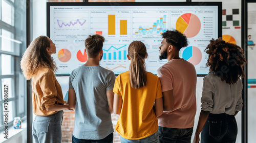 Ethical use of data AI system. diverse group of professionals looking at a large computer screen displaying data graphs. Collaborative effort to identify and mitigate biases in AI data