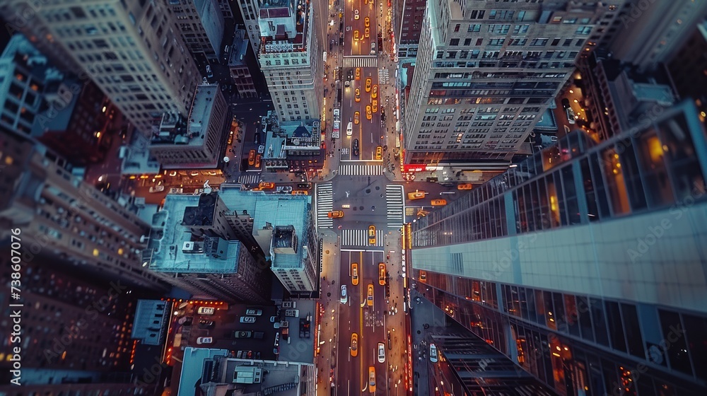 Dynamic aerial view of a bustling urban landscape, captured from a high vantage point - obrazy, fototapety, plakaty 