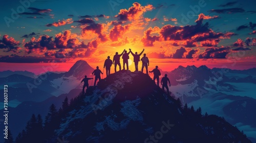 Silhouette back group of man team celebrating success on top mountain  sky and sunset background. Business  teamwork  achievement and person concept. Vector illustration.