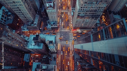 Dynamic aerial view of a bustling urban landscape, captured from a high vantage point