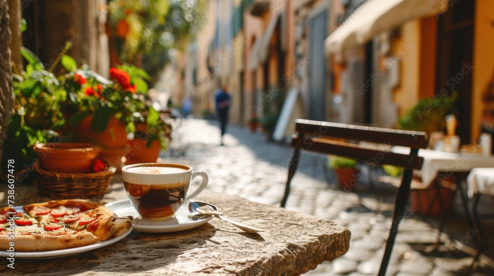 Vacations and recreation day, Cup of espresso coffee with slices of pizza with beautiful Italian street, relax, cafe, breakfast, morning, white, beverage, hot, caffeine
