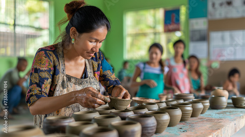 Joyful Pottery Training: Expert Lady Teaching Girls in Modern Classroom