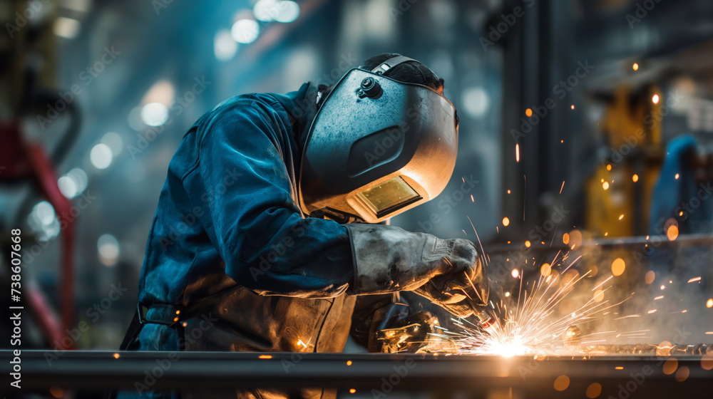 Skilled welder at an Indian factory, focused and wearing safety gear Skilled welder at an Indian factory, focused and wearing safety gear