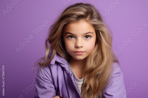 portrait of a beautiful little girl in a purple raincoat on a purple background