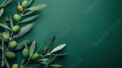 Minimalistic olive green background with a branch of olives on the left and f...