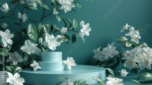 Podium, stand, showcase, and elegant white flowers set against a dark teal ba...