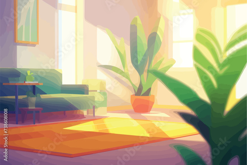 Low angle view of sunny living room interior with big green plants sofa and carpet. Cartoon style warm colors vector illustration