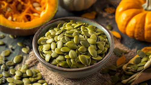 Front top view of a bowl filled with nutritious pumpkin seeds photo