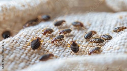 A bedbug colony can be seen on a white sheet on a bed in the bedroom from a t...