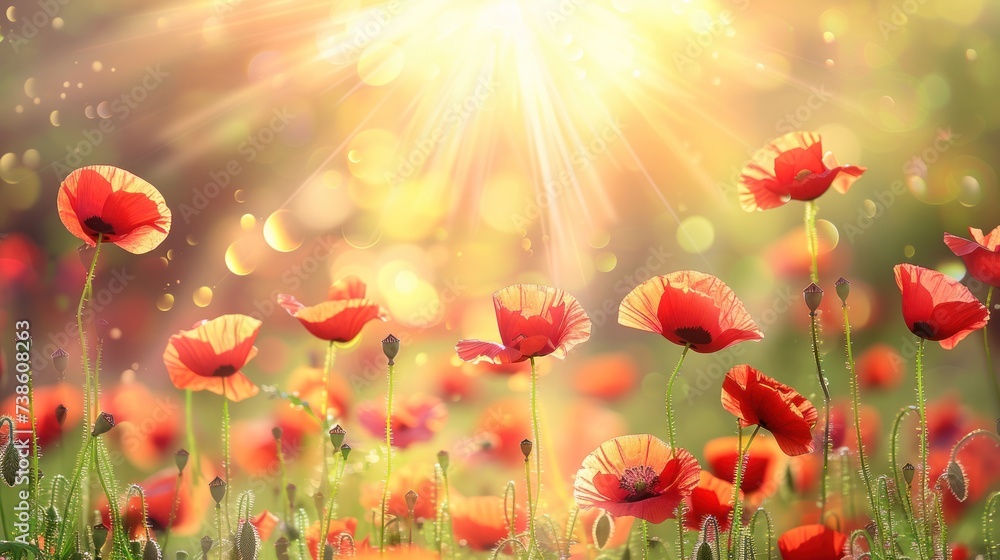 Obraz premium Beautiful field with poppies at sunset. There are poppy flowers below and green grass above the sun