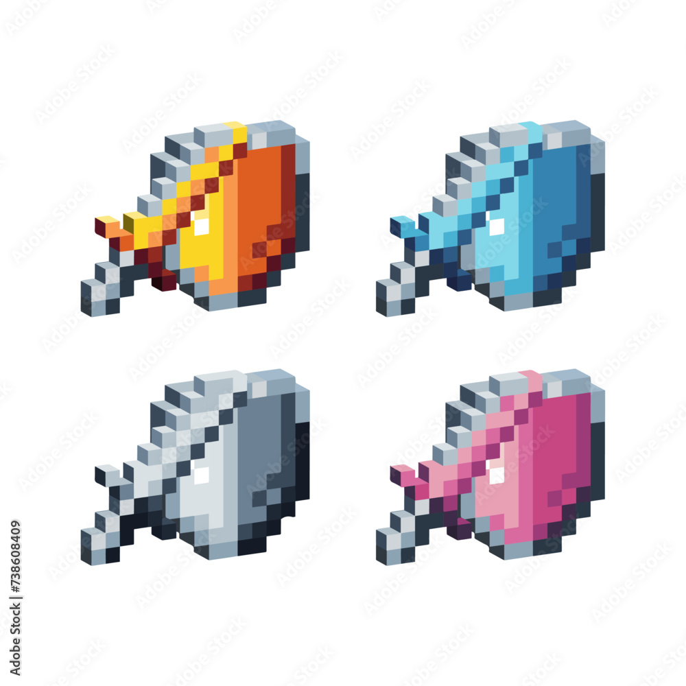 Isometric Pixel art 3d of shield sword icon for items asset.Shield sword icon on pixel bits style.8-bits perfect for game asset,design asset element,app,website, Vector illustration.