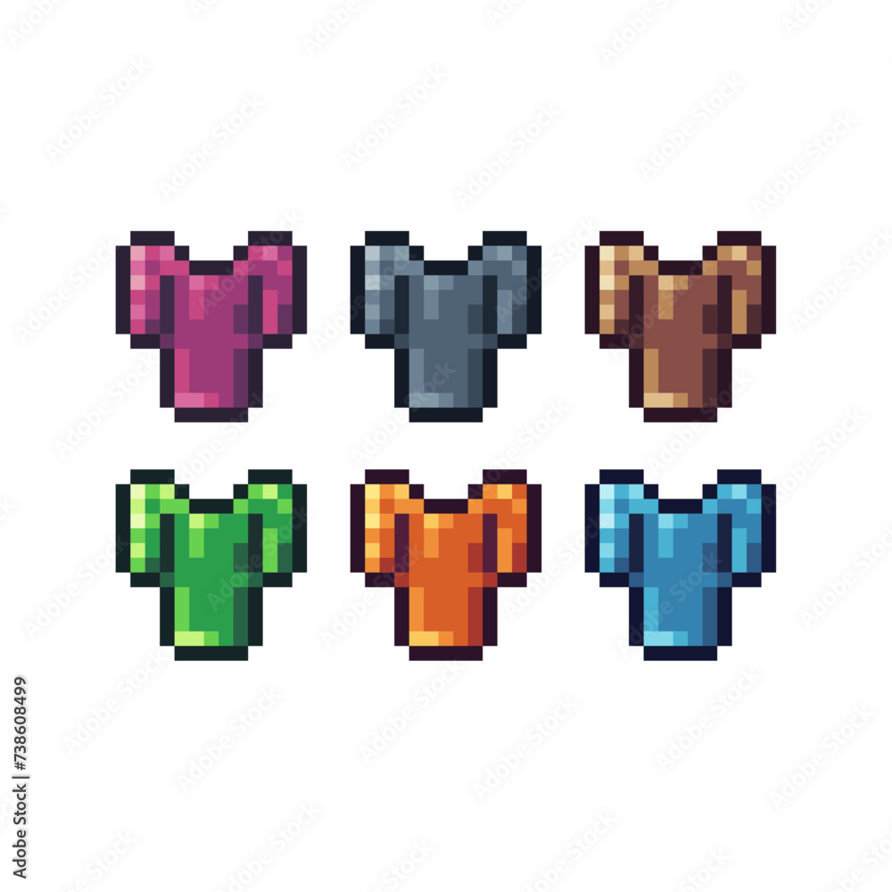 Pixel art sets icon of armor in variation color. Armor icon on pixelated style. 8bits perfect for game asset or design asset element for your game design. Simple pixel art icon asset.