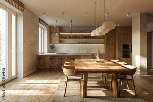 an open kitchen with wooden dining table and chairs