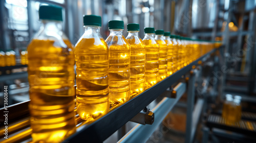 Efficient soybean oil production line with bottles on the conveyor