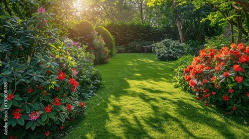 Beautiful bright background of a summer garden with a flowering red rhododend...