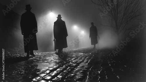 ilhouettes of figures in trench coats emerge from the mist