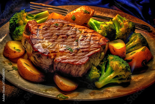 Delicious cooked plated steak meal with vegetables