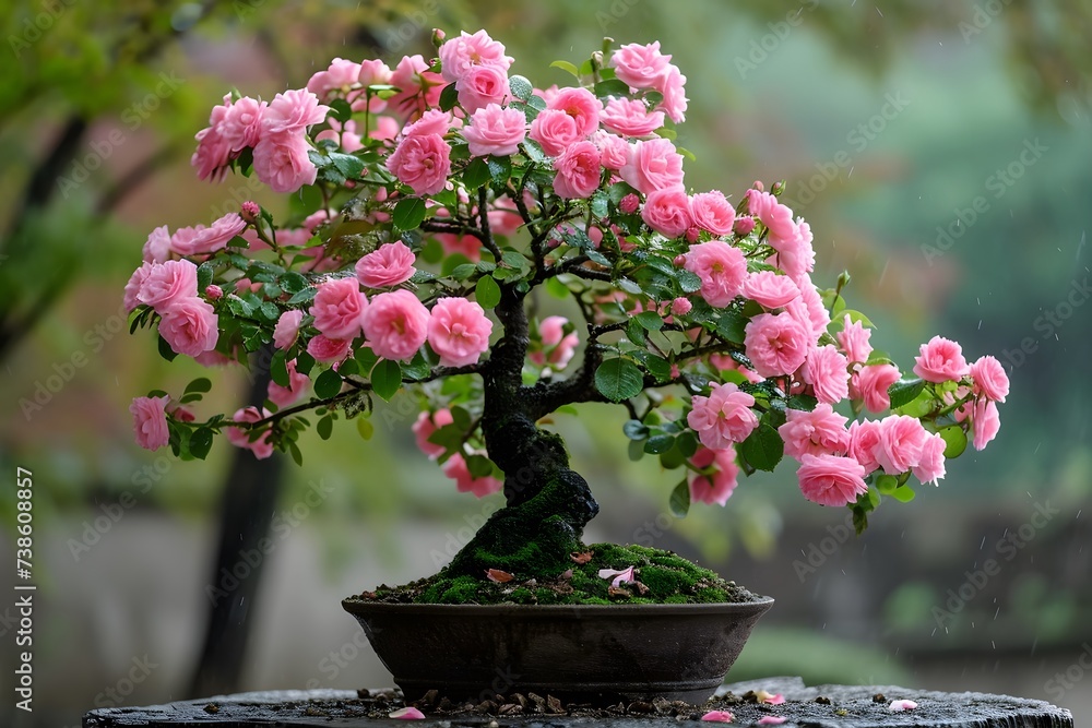 pretty pink bonsai tree with roses blooming