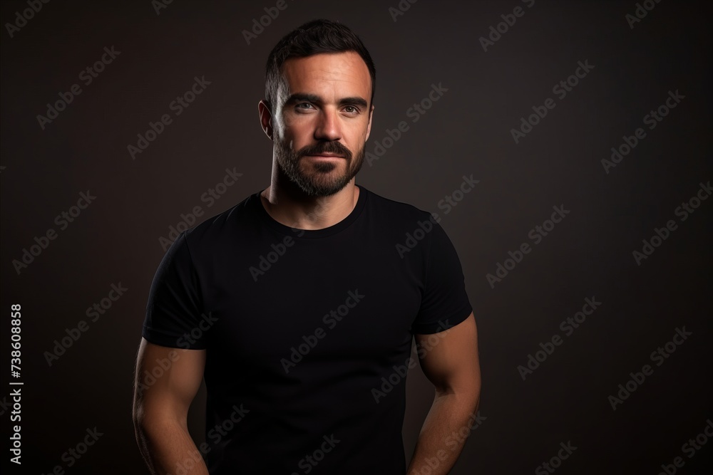 Portrait of a handsome bearded man in black t-shirt on a dark background