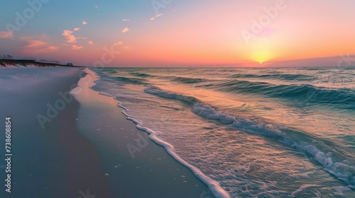 Serene beach scene with golden sand, azure waters, and a pastel-colored sunse...