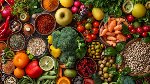 Abundant Vegan Food Spread  Fresh Fruits  Vegetables  and Spices