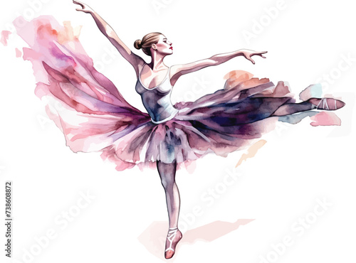 Beautiful graceful ballerina dancing posing in aerial flying pink purple skirt, watercolor vector illustration