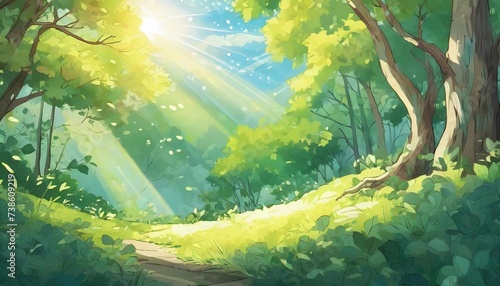 Anime-style sun rays filter through the lush green forest, casting enchanting shadows.