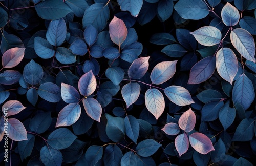 black and blue leaves on a black background, in the style of light maroon and...