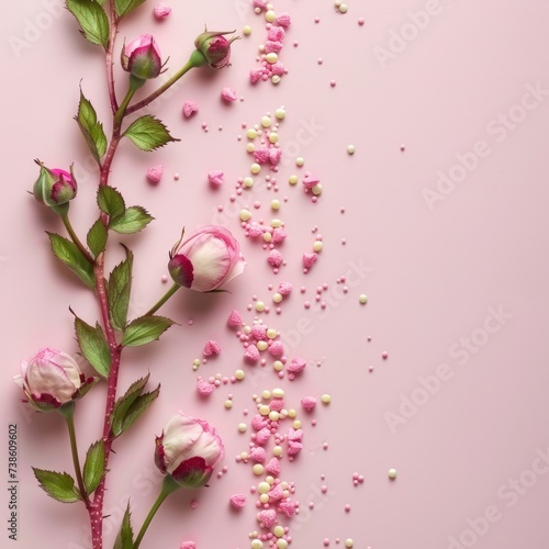 International Women's Day. A top-down image featuring pink peony rosebuds and...