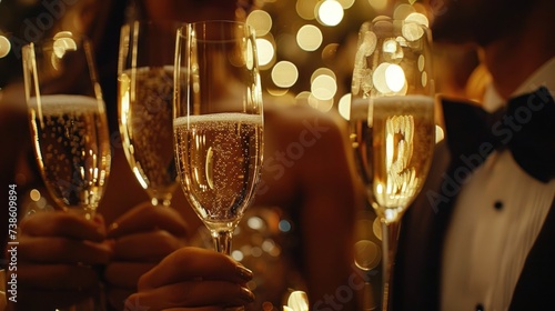 A close-up shot showcases champagne glasses as a group of elegantly dressed i...