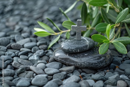 some stones and olive leaves with a cross
