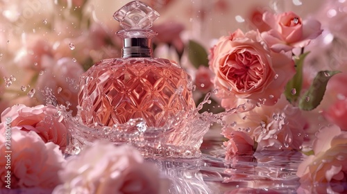 Perfume bottle made of glass set against a backdrop of rose water. Featuring ...