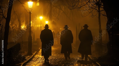 ilhouettes of figures in trench coats emerge from the mist
