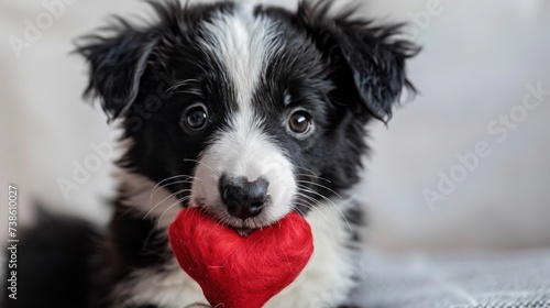 Valentine's Day Theme. Adorable Border Collie Puppy Holding a Red Heart in It...