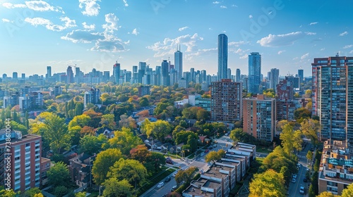 Dynamic aerial view of a bustling urban landscape, captured from a high vanta...