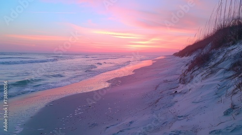 Serene beach scene with golden sand, azure waters, and a pastel-colored sunse...