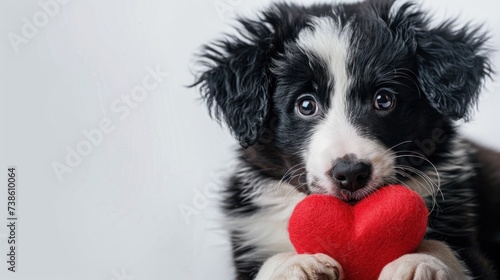 Valentine's Day Theme. Adorable Border Collie Puppy Holding a Red Heart in It...