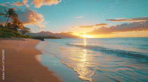 Serene beach scene with golden sand, azure waters, and a pastel-colored sunset sky