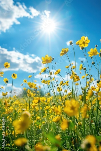 A beautiful field with blooming rapeseed at sunny day. There are rapeseed flowers below and green grass on top of the sun
